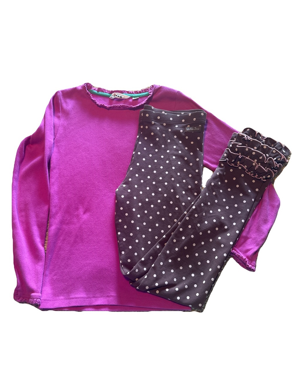 Matilda Jane Brown Polka Dot Ruffle Pants with Mini Boden Magenta Top